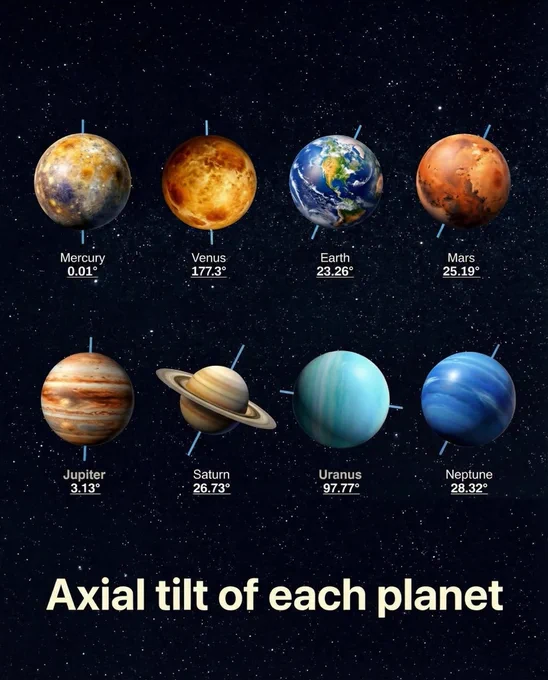 Earth’s precise planetary tilt may be the reason it can host life.

Planets don’t just spin — they lean. This tilt, or “axial tilt,” dramatically shapes a planet’s climate, weather patterns, and seasonal behavior. 

Earth’s 23.26° tilt is the reason we experience seasons. But other planets take it to extremes: Uranus is tilted nearly 98°, rotating almost entirely on its side, leading to seasons that last decades. Venus spins in the opposite direction with a tilt of 177.3°, resulting in a day that’s longer than its year. Meanwhile, Mercury’s nearly upright posture means it barely experiences any seasonal variation.

These cosmic inclinations aren’t just quirks — they’re climate-defining forces. A planet’s tilt determines how sunlight hits its surface, driving winds, storms, and the potential for habitability. Scientists also use tilt as a clue when studying exoplanets, helping them assess if distant worlds could support life.
