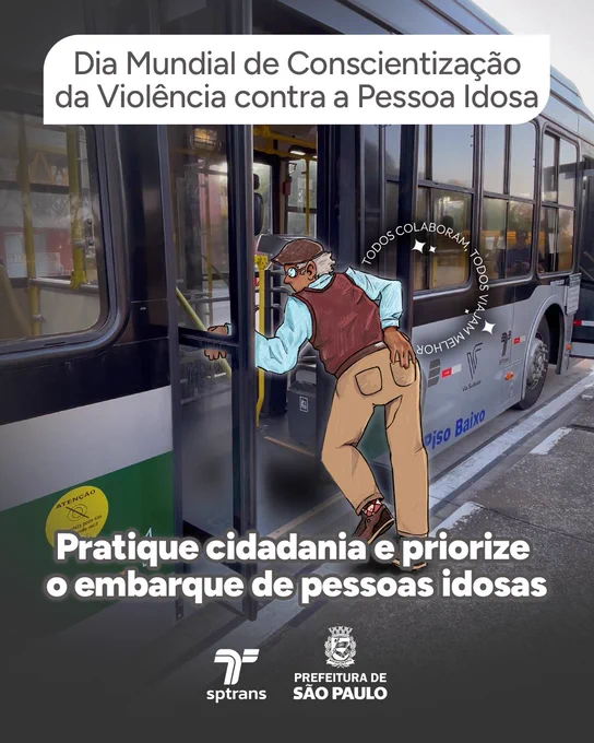 [#DescriçãoDeImagem: A peça é um post informativo de conscientização sobre o respeito e a prioridade no transporte público. A imagem combina uma fotografia real da lateral de um ônibus municipal com a ilustração sobreposta de um homem idoso embarcando pela porta dianteira.] 