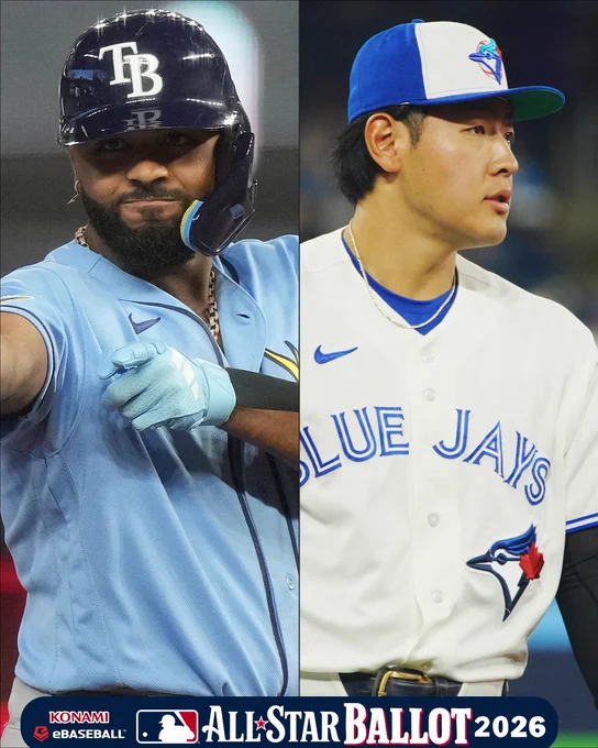 Left - Junior Caminero wears a light blue Tampa Bay Rays jersey and a dark blue batting helmet.
Right - Kazuma Okamoto wears a white Toronto Blue Jays jersey and a white and blue cap. 