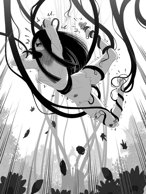 Slenderman tickling Sadako Yamamura with tentacles.