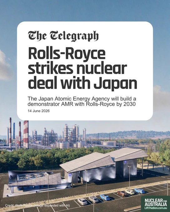 Image of a news article headline about Rolls-Royce's nuclear deal with Japan, featuring a futuristic facility graphic. The mood is informative and professional.