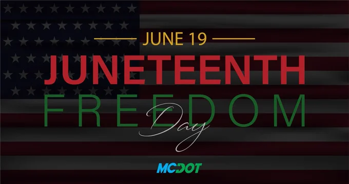 Juneteenth Freedom Day text overlay on a faded American flag background with June 19 date highlighted.
