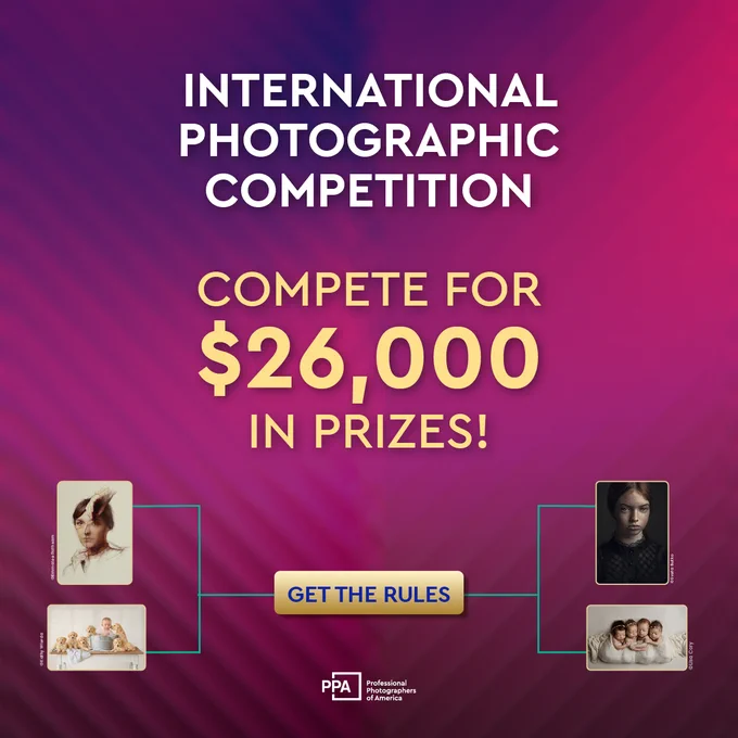 A graphic promoting the "International Photographic Competition," highlighting a prize pool of $26,000. The background is a gradient of purple and pink. Two vintage-style photographs are displayed on both sides, with a central button reading "Get the Rules." The Professional Photographers of America logo appears at the bottom.