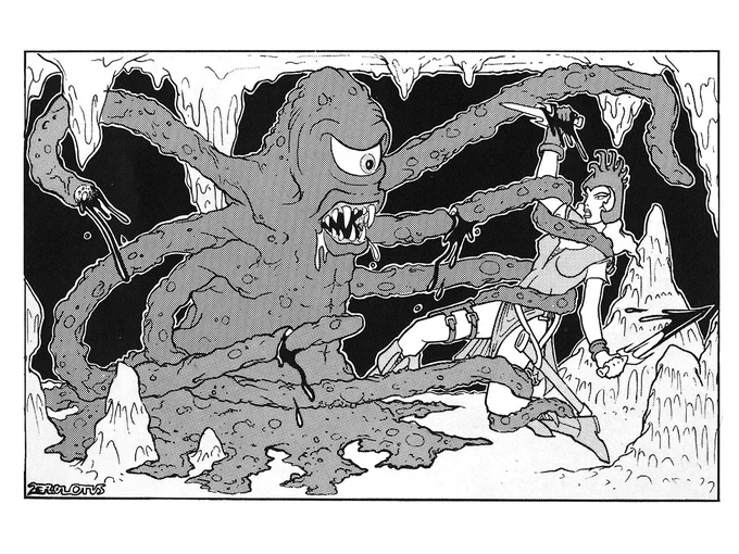 A chubby creature with six tentacles fighting a warrior. It has a good hold on her, but she's been doing some serious damage to those tentacles!