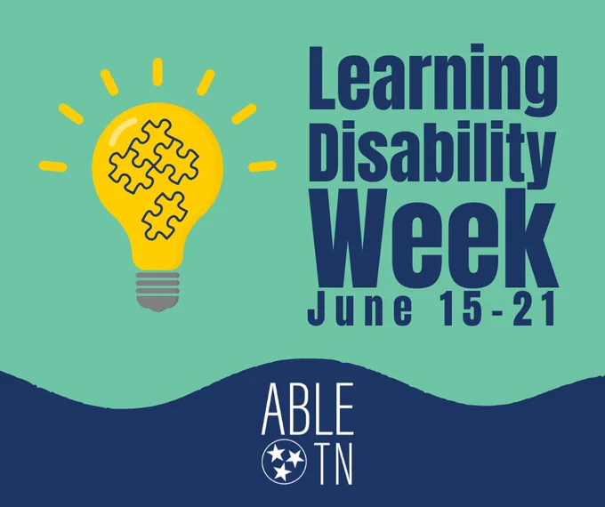 Graphic showing a lightbulb with puzzle pieces inside. Text on the right reads ‘Learning Disability Week June 15–21.’ Includes ABLE TN branding.
