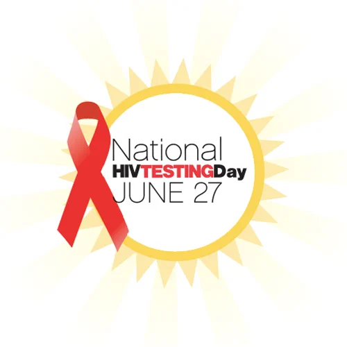 Red ribbon symbol next to text highlighting National HIV Testing Day on June 27 with a sunburst background. This is the National HIV Testing Day logo.