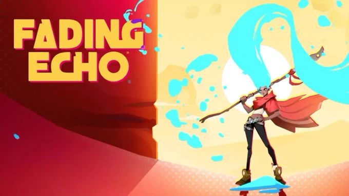 The cover art for Fading Echo has the title on a red background. To the right is the main character with flowing, bright blue water as hair! 