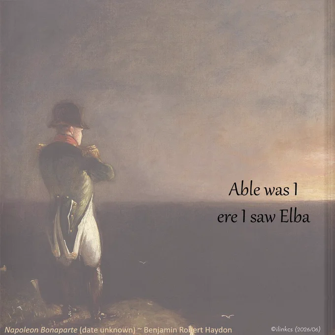 This artwork, "Napoleon Bonaparte" by Benjamin Robert Haydon, was part of a series of 23 beginning with Napoleon Musing After Sunset (1829, for Thomas Kearsey) and including this one, Napoleon Musing at St Helena for Sir Robert Peel. It is a companion to his portrait(s) of Wellington overlooking the field at Waterloo.

This crop portrays Napoleon at sunset gazing out over the Ocean from a rocky promontory. The Ocean is already dark and the light fades away.
