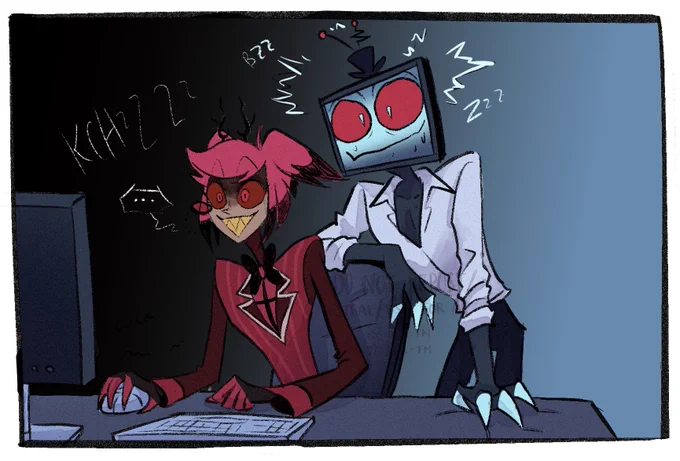This image is back to almost the same compostion as the first, only that now the background gradient is dark. Alastors and Vox' eyes are wide open. Vox is blushing and glitching out with electricity around him. Alastor makes a KKCHHZZZ radio sound.