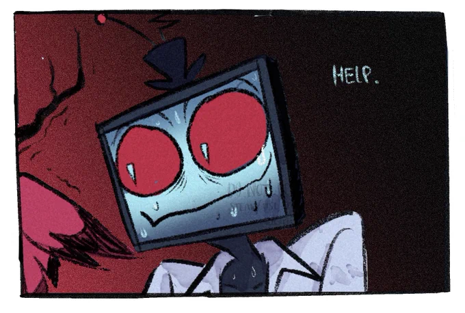 This last panel shows Vox shocked expression, now with his eyes on Alastor next to him. Alastor is shivering, with his antlers growing. Vox, thinking to himself: Help.