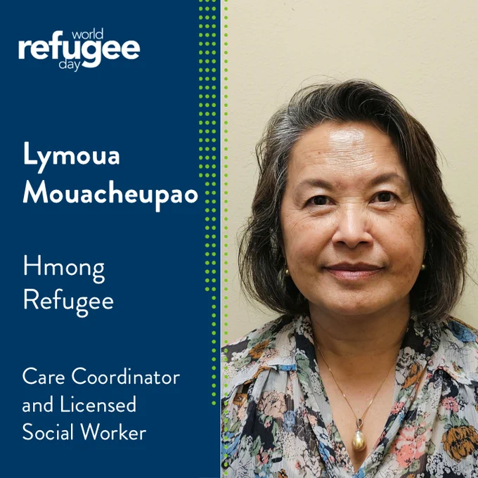 Blue background with an image of Lymoua Mouacheupao. Text reads, "Lymoua Mouacheupao. Hmong Refugee. Care Coordinator and Licensed Social Worker."