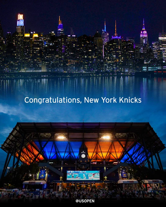 Illustration highlighting orange and blue across the city with copy 'Congratulations, New York Knicks'