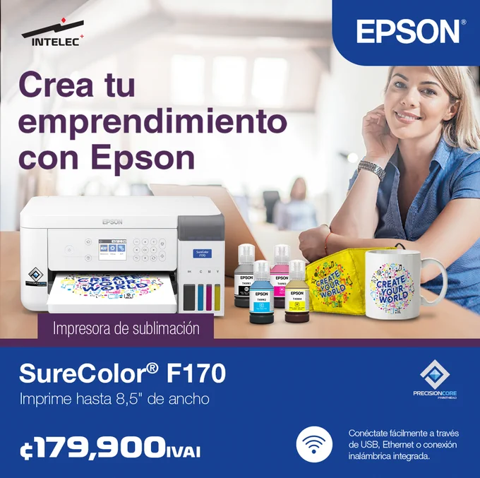 An advertisement for the Epson SureColor F170 sublimation printer featuring a woman in a relaxed office setting. The ad highlights the printer's capabilities and pricing.