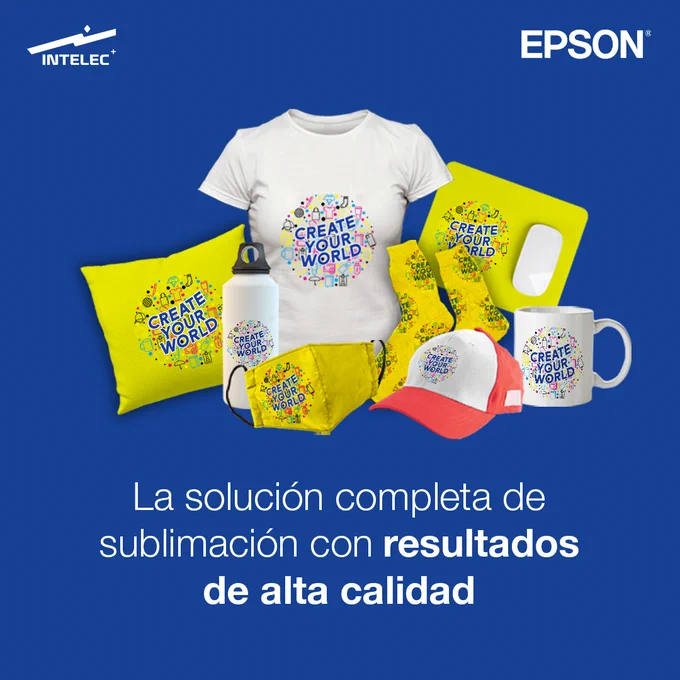 A collection of sublimated items including clothing and accessories featuring the 'Create Your World' design. The display highlights high-quality print solutions with bright, appealing colors.