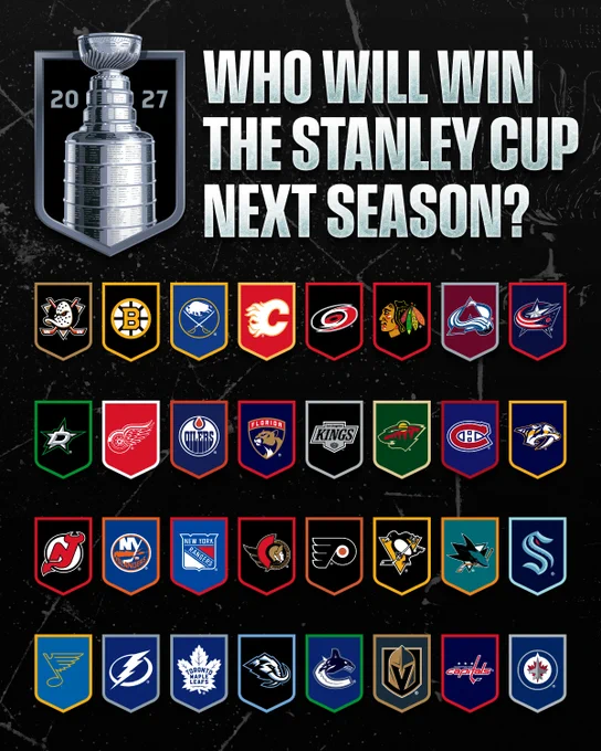 Text that reads, \"Who will win the Stanley Cup next season?\" \n\nBelow are banners for all 32 NHL clubs. 