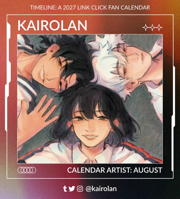 Framed by a camera UI design is the text, "Timeline: A 2027 Link Click Fan Calendar. Kairolan! Calendar artist: August. @ Kairolan on Twitter, Tumblr, and Instagram." In the center is artwork by Kairolan of Cheng Xiaoshi, Lu Guang, and Qiao Ling. The three lie on the ground in a circle, facing up towards the camera that's likely held by Qiao Ling. She and Cheng Xiaoshi smile at the camera, him also waving. Lu Guang meanwhile just gazes steadily at the camera.