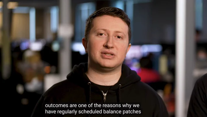 the image shows the current dev in charge for balance patches, talking about the schedule of balance patches in the latest dev update video from the official Hearthstone Youtube channel