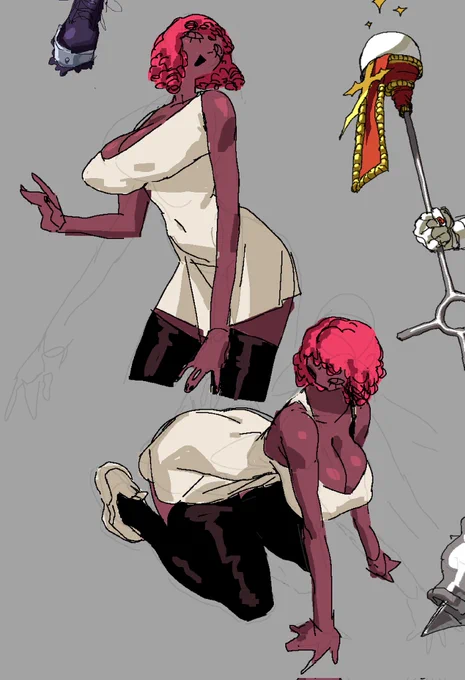 2 sketches of a woman with pink hair wearing a white dress. On one of them she's standing while smiling at the viewer, on the other one she's on all fours on the floor