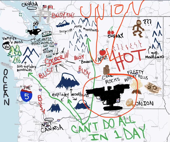A UFW union eagle has been added to a hot mess of colorful scribbles all over a map of Washington, featuring doodles of iconic Washington features like mountains, orcas, ferries, cherries, onions, and other produce.
The map from WA DOT emphasizes the busyness of the Seattle area, I-5, I-90, US 2, and the U.S./Canada border during the World Cup games.