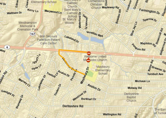 A map showing a partial closure along a section of Maybeury Drive and a detour route near Maybeury Elementary School.