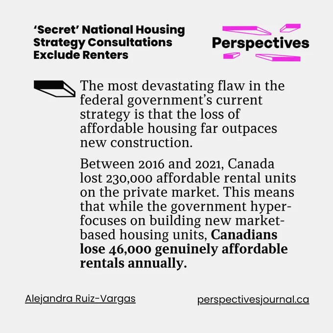 Block quote from a Perspectives Article titled "'Secret' National Housing Strategy Consultations Exclude Renters". The block quote reads, "The most devastating flaw in the federal government’s current strategy is that the loss of affordable housing far outpaces new construction. Between 2016 and 2021, Canada lost 230,000 affordable rental units on the private market. This means that while the government hyper-focuses on building new market-based housing units, Canadians lose 46,000 genuinely affordable rentals annually." Below the quote are the author name Alejandra Ruiz-Vargas and URL to perspectivesjournal.ca