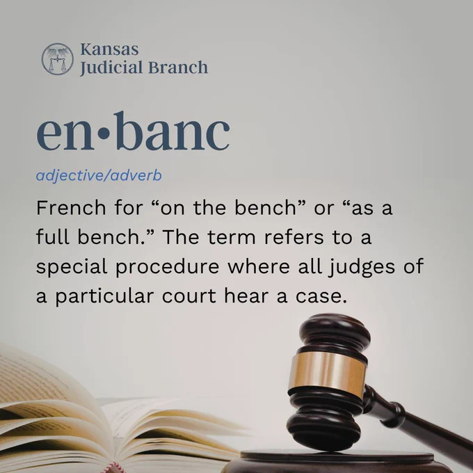 en banc. adjective, adverb. French for "on the bench" or "as a full bench." The term refers to a special procedure where all judges of a particular court hear a case.