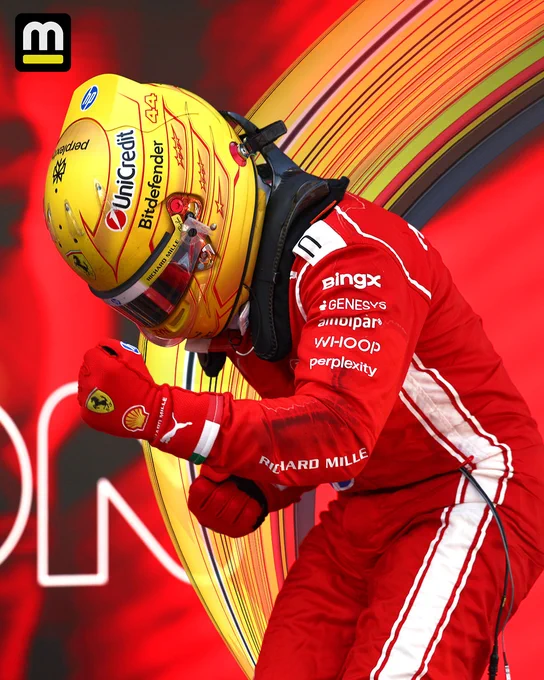 A pixel stretch of Lewis Hamilton climbing out of his car after winning the Barcelona-Catalunya Grand Prix