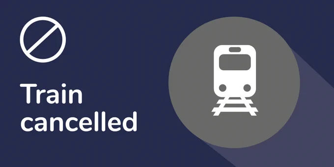 A navy background with 'Train cancelled' in white text, with a white train icon on a grey circle and a white 'no entry' icon.
