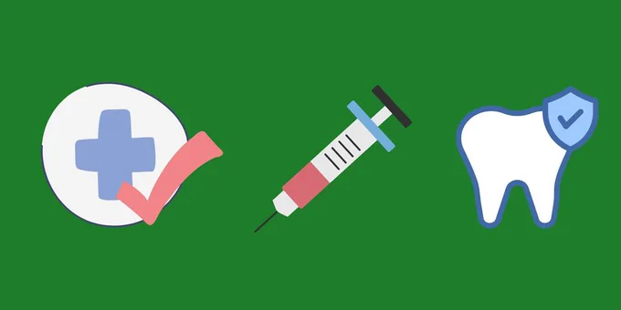 green background with health cross and checkmark, syringe and tooth with checkmark