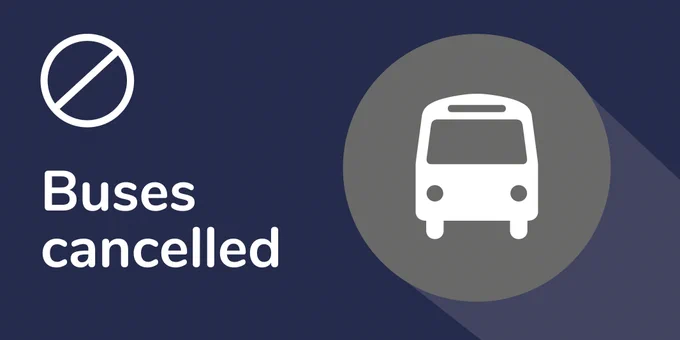A navy background with 'Buses cancelled' in white text, with a white bus icon on a grey circle and a white 'no entry' icon.
