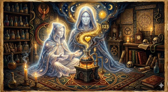 An evocative, high-detail spiritual alchemy artwork set in a dark, stone-walled occult laboratory filled with mystical objects. On the left, a luminous, androgynous being of light sits in a meditative posture upon an elaborate zodiac rug. The entity is draped in a flowing, hooded cloak woven from swirling galaxies, nebula dust, and stars, completely lacking male or female characteristics, with smooth, glowing white skin and closed eyes. A second, larger ethereal reflection of this genderless spirit rises into the air behind it.
​In front of the being, a golden-lit alchemical flask rests on a stone altar, releasing a vibrant plume of smoke that transforms into cosmic symbols. Within the swirling golden vapor, a glowing yellow heart emoji, a horizontal infinity symbol, a yin-yang emblem, and the numbers "123" are vividly visible amidst stylized suns and crescent moons.
​The background is a crowded sanctuary of esoteric knowledge. Wooden shelves are packed with corked glass potion bottles