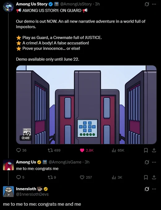 Among Us Story Twitter account announcing the demo is live. Among Us Twitter account replying with "me to me: congrats me". Innersloth replying to that with "me to me to me: congrats me and me".