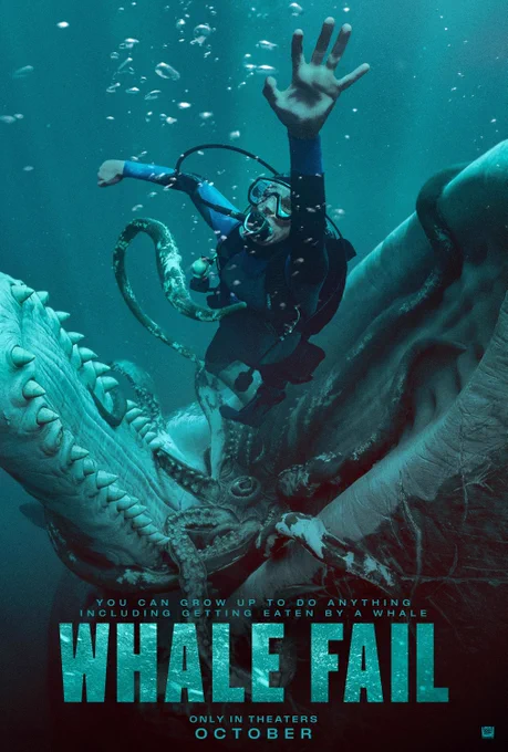 Movie poster for "Whalefall" photoshopped so the title reads "Whale Fail." The tagline has been photoshopped to read "You can grow up to do anything including getting eaten by a whale"
