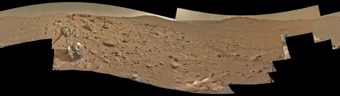 An ochre-toned mosaic of 98 images featuring a Martian landscape, captured by the Perseverance rover with its Mastcam-Z Right camera on June 13, 2026 - Sol 1889. Credits images: NASA/JPL-Caltech/ASU