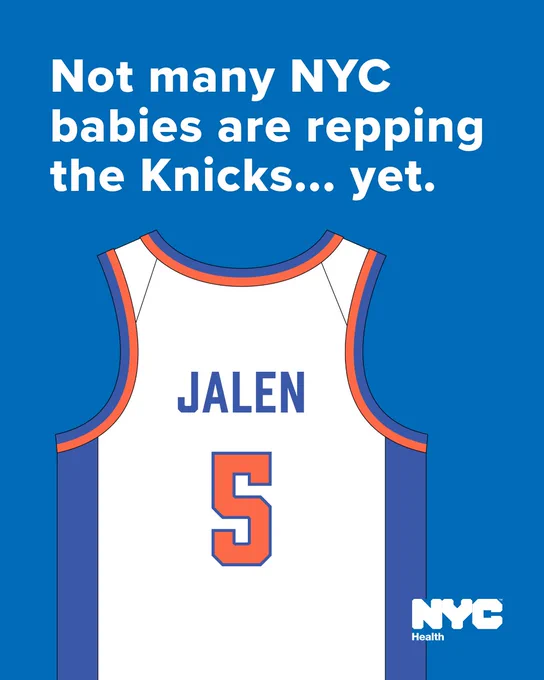 Image of a basketball jersey with the name Jalen and the number 5. Text reads: Not many NYC babies are repping the Knicks...yet.