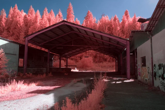 picture showing a tall hangar, surrounded by warehouses on both sides, behind which is the start of a seemingly large forest. The paved area that leads to the hangar is covered in weeds, and all the vegetation is bright red/ping and glowy since this is an infrared photograph