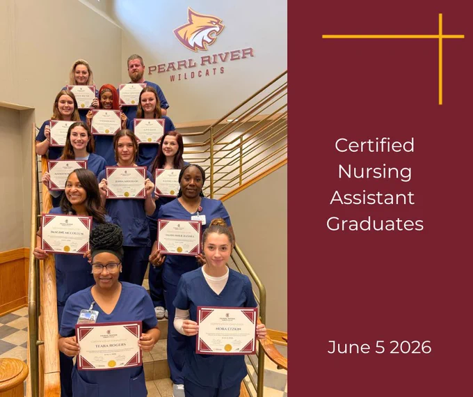 Group of Pearl River Community College Certified Nursing Assistant graduates pose on a staircase holding certificates of completion. The graduates are wearing blue scrubs beneath a Pearl River Wildcats logo, while text on the graphic recognizes the CNA graduates and notes the graduation date of June 5, 2026.