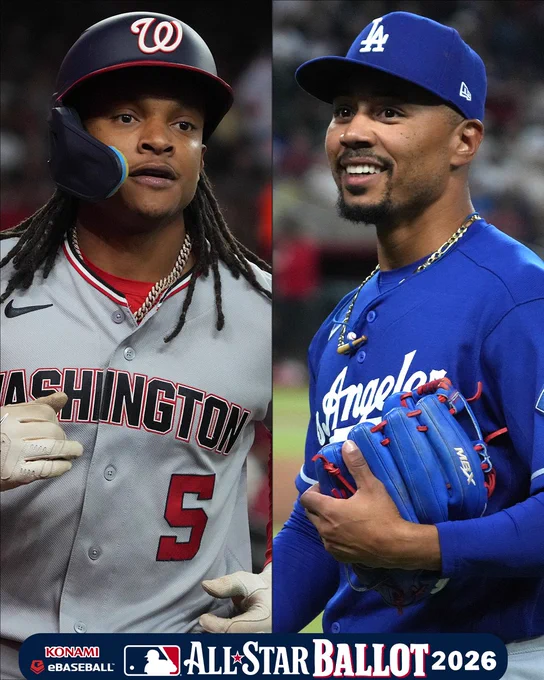 Left - CJ Abrams wears a gray Washington Nationals jersey and a dark blue batting helmet.
Right - Mookie Betts wears a blue Los Angeles Dodgers jersey and a blue cap. 