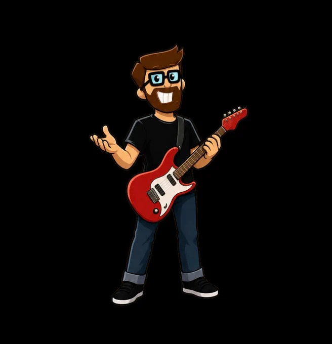 Adrian holds a red electric guitar