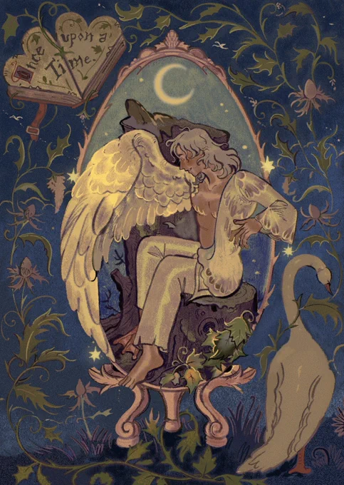 A young man with the wing and webbed foot of a swan sitting, smiling to himself inside a faberge egg. He is surrounded by nettles and thistles