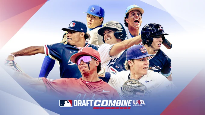 A collage of top Draft prospects with the MLB Draft Combine logo. Jackson Flora, Roch Cholowsky, Gio Rojas, Drew Burress, Jacob Lombared, Justin Lebron, Grady Emerson 