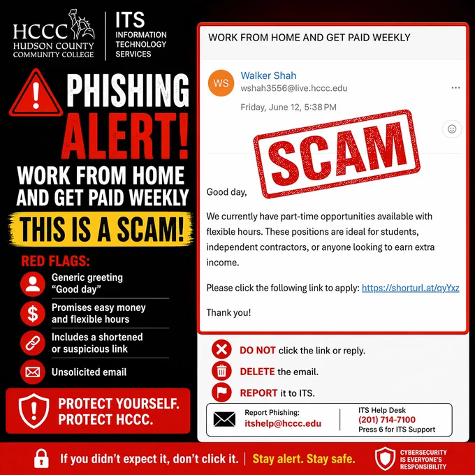 Graphic with bright colors (red, white, and black) displaying a warning icon and the headline “Phishing Alert.” Text reads: “Work From Home Job Scam – Do Not Click Links. Report to ITS Help Desk.” Includes HCCC ITS contact email and phone number itshelp@hccc.edu 201-360-4310