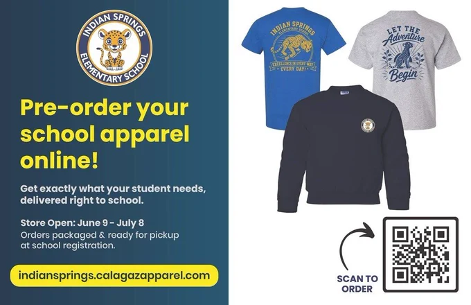 Spirit apparel pre-order, June 9-July 8. Indiansprings.calagazapparel.com