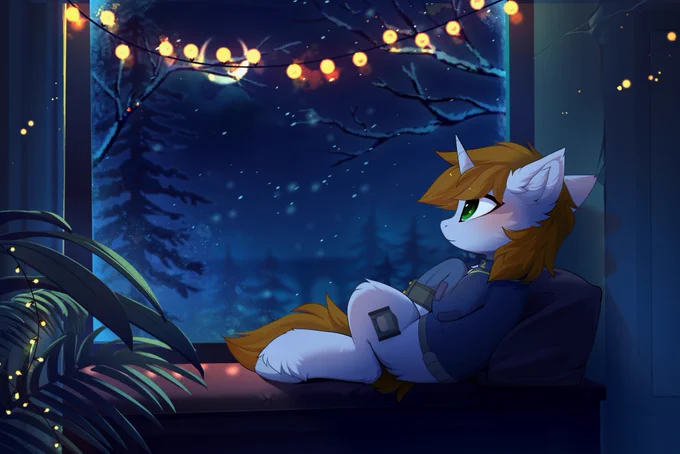 Digital art of Littlepip, character from Fallout Equestria. She's lying on her back next to the window looking at the night sky. Atmospheric cool lighting. Frozen glass, pine trees and light snow on the background. Littlepip has a calm neutral expression, she's wearing her stable jumpsuit and a pipbuck.