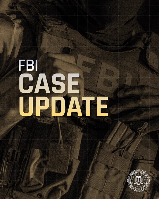 Close-up of an FBI agent wearing tactical gear with 'FBI Case Update' text overlay and agency seal in the corner.