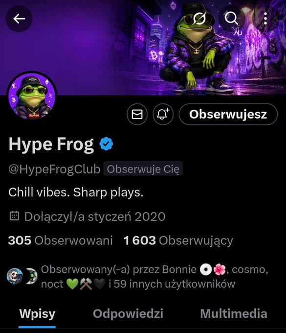 screenshot showing Twitter account @HypeFrogClub with Ai generated pfp n banner of a frog in designer clothes. it's followed by over 60 mutuals n has 1.6k followers 