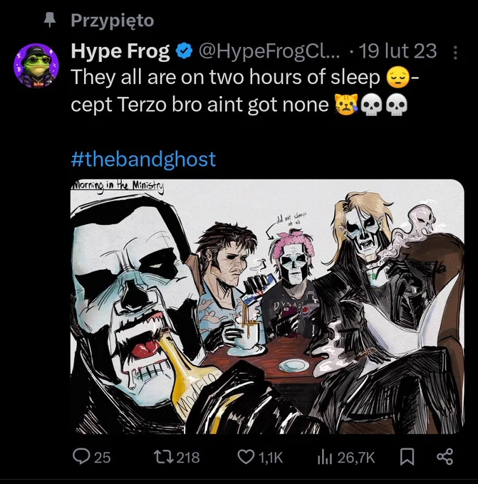old pinned post from 2023 made by the same account showing an artwork of all the papas sitting by a table labeled morning in the ministry 