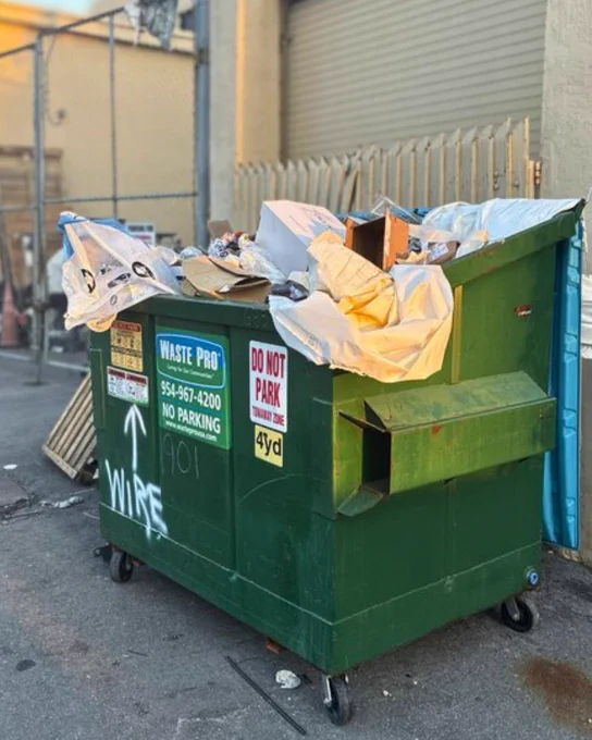 A green Waste Pro commercial dumpster overflowing with trash, including plastic bags, cardboard boxes, and loose debris. Graffiti reading "WIRE" and a "Do Not Park" sign are visible on the front of the dumpster.