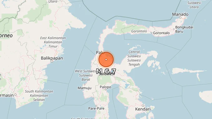 Map showing epicenter of M 6.7 earthquake in 46 km ESE of Palu, Indonesia, depth 10 km.
