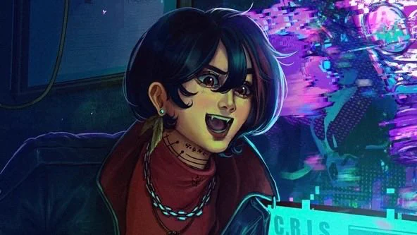 Agatha uma mulher branca de cabelos pretos com uma mecha vermelha e olhos escuros. Ela veste uma camiseta de gola alta vermelha, um colar e corrente no pescoço, uma jaqueta preta com detalhes em vermelho por cima e um brinco de pena. Agatha sorri arqueando a sobrancelha e olhando para a direita. O fundo é uma sala com um quadro de avisos na esquerda e um computador no canto inferior direito. No canto superior direito está o símbolo do Anfitrião em tons de roxo, azul, rosa e branco.